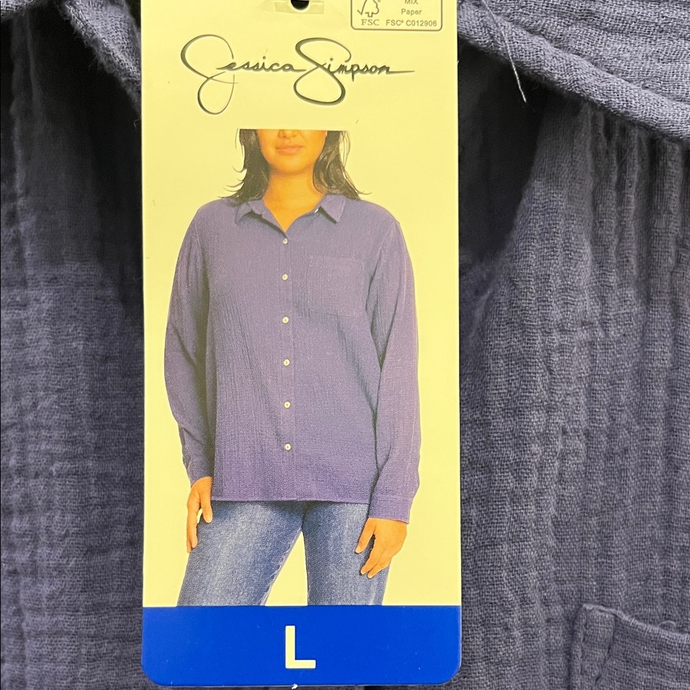 Jessica Simpson Women’s Blue Long Sleeve Cotton Seersucker Top NWT